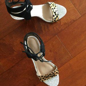 Loeffler Randall Black and Leopard Sandals Kitten Heels Shoes 7.5